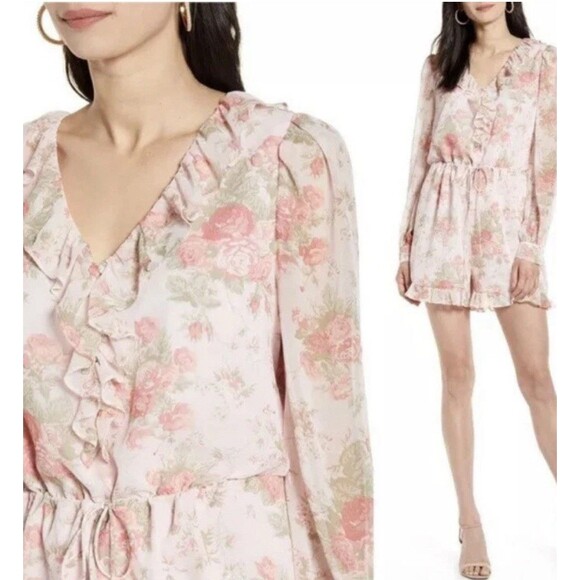 Rachel Parcell $129 Women’s Pink Floral Boho Ruffle Long Sleeve Romper Sz XS - Picture 1 of 11